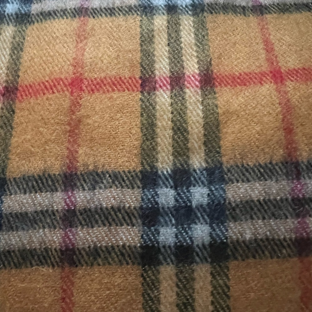 Plaid Tan Wool Blend Scarf with Navy and Red Windowpane